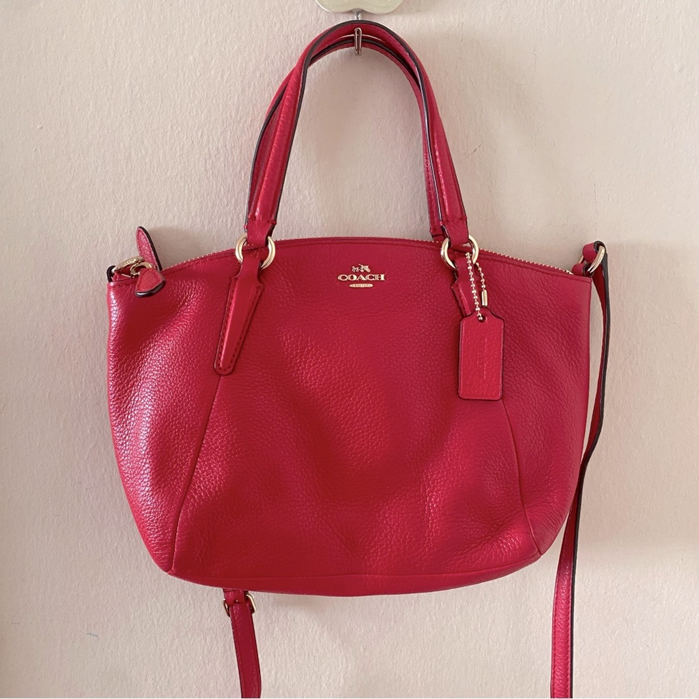 Coach Small Watermelon Pink Leather Bag with Crossbody Strap and Top Handles